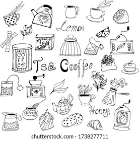 doodle clipart for coffee shop with coffee and tea items and desserts