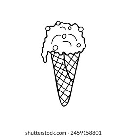Doodle clipart ice cream cone with chocolate drops. Stock isolated image on a white background. Sweet food.  Cute doodle style icon. for print, postcard, design menu, textile, poster, textile  