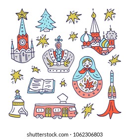 Doodle clipart of Moscow symbols. Vector illustration.