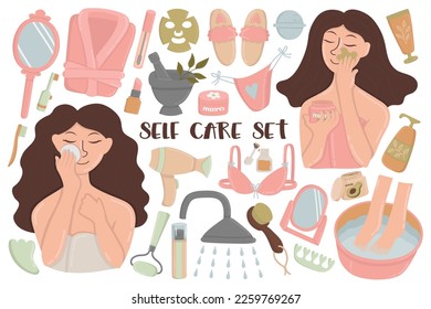 Doodle clipart set of self care, self love, home spa