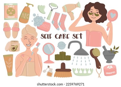 Doodle clipart set of self care, self love, home spa