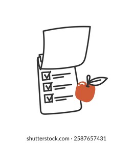 doodle clipboard document checklist and apple fruit illustration icon