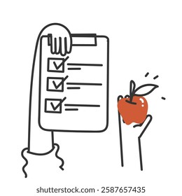 doodle clipboard document checklist and apple fruit illustration icon