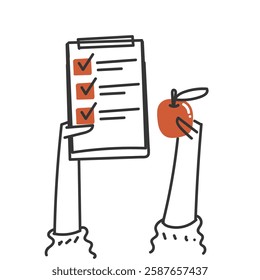 doodle clipboard document checklist and apple fruit illustration icon