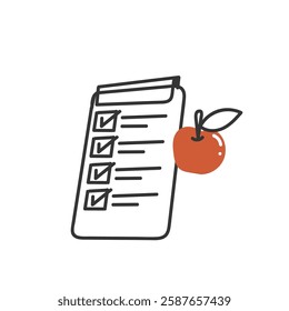 doodle clipboard document checklist and apple fruit illustration icon