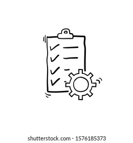 doodle Clipboard with gear isolated icon. Technical support check list icon. Management flat icon concept. Software development.with hand drawn line art style vector
