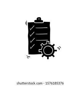 doodle Clipboard with gear isolated icon. Technical support check list icon. Management flat icon concept. Software development.with hand drawn line art style vector