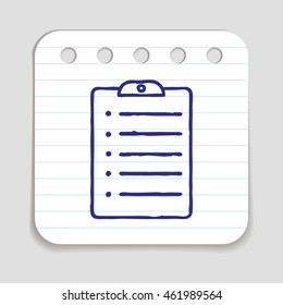 Doodle clipboard icon. Blue pen hand drawn infographic symbol on a notepaper piece. Line art style graphic design element. Web button with shadow. To do list, exam papers, fill in form concept.