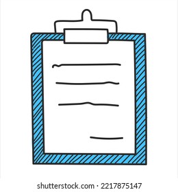 Doodle clipboard vector isolated. Illustration of a hand-drawn medical document. Report on the blue writing border.