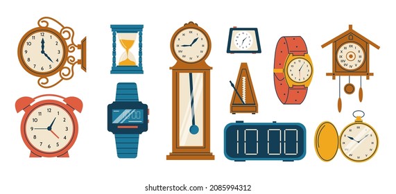 Doodle clock. Cartoon vintage and digital watches. Wristwatch and hourglass. Home interior time measure tower. Wooden and plastic alarm timepiece or metronome. Vector chronometers set