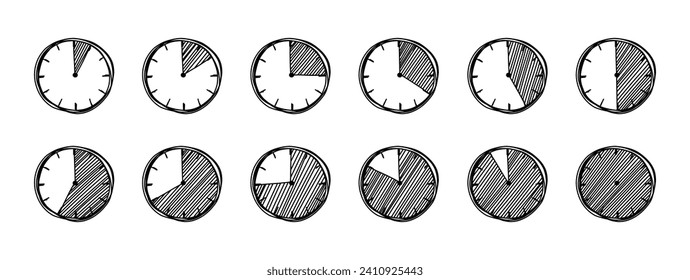 Doodle clocks set with different time intervals. Time interval hand drawn watch set. Clock icon doodle. Sketch of timer simple doodle icons set. Half and quarter of hour.