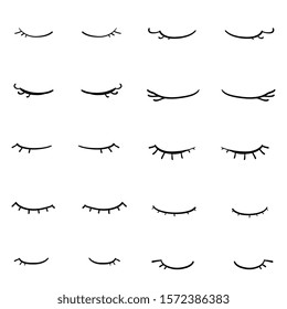 doodle closed eyes icon set. hand drawn symbol design girl black eyelash on white background. 