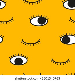 Doodle closed and open eyes, wink eyes. Seamless pattern. Black eyes looking in different directions over yellow backdrop