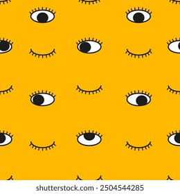 Doodle closed and open eyes, winked eyes. Seamless pattern. Black eyes looking in different directions over yellow background