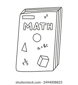 Doodle closed school textbook on math, algebra, geometry. Cute kids academic book, literature, encyclopedia. Back to school supply for study, reading, learning. Hand drawn illustration with outline.