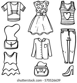 Doodle of clothes accessories women vector art