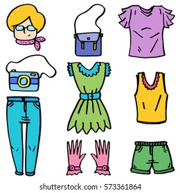 Doodle of clothes and bag object women vector art