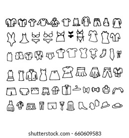Doodle clothes icons. Hand-drawn clothes icons. Vector illustration