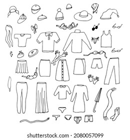 Doodle clothes set. Fashion, clothing store, items for window dressing. Trousers, dress, tights, underwear, hats, accessories. Men's and women's clothing.