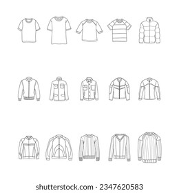 Doodle clothes. Vector set of t-shirt, jacket, sweater in doodle style with a black line on a white background for a label design