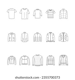 Doodle clothes. Vector set of t-shirt, jacket, sweater in doodle style with a black line on a white background for a label design