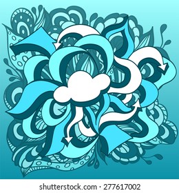 Doodle cloud with arrows on marine background or template of abstract handmade doodle style marine background with starfishes seaweeds