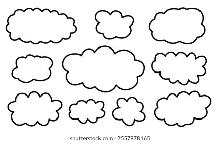 Doodle cloud collection. Set of cute kid`s style clouds isolated on white. Naive style childish vector art
