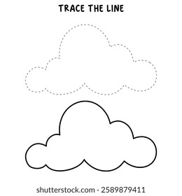 Doodle cloud coloring pages worksheets for kids activity printable. Trace and color cloud. Summer cartoon cloud clip art vector isolated on white background.
