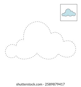 Doodle cloud coloring pages worksheets for kids activity printable. Trace and color cloud. Summer cartoon cloud clip art vector isolated on white background.