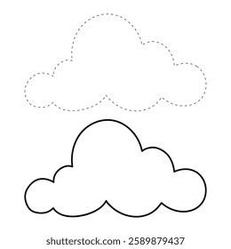 Doodle cloud coloring pages worksheets for kids activity printable. Trace and color cloud. Summer cartoon cloud clip art vector isolated on white background.