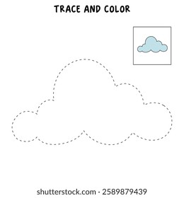 Doodle cloud coloring pages worksheets for kids activity printable. Trace and color cloud. Summer cartoon cloud clip art vector isolated on white background.