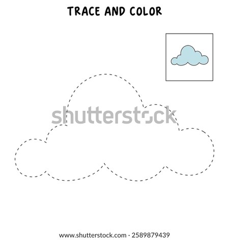 Doodle cloud coloring pages worksheets for kids activity printable. Trace and color cloud. Summer cartoon cloud clip art vector isolated on white background.