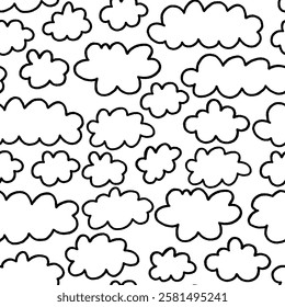 Doodle Cloud Crayon Seamless Pattern. Sketch Sky Heaven Background. Hand Drawn Vector Wallpaper