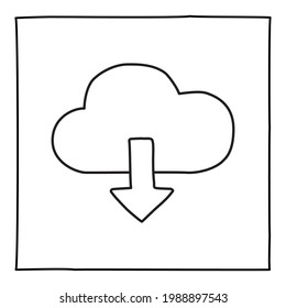 Doodle Cloud Download icon or logo, hand drawn with thin black line