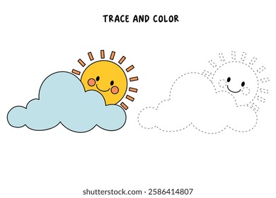 Doodle cloud and happy sun coloring pages worksheets for kids activity printable. Trace and color cloud and sun. Cartoon cute summer sun and cloud clip art. Sunny day. Happy sunny. Happy sunshine.