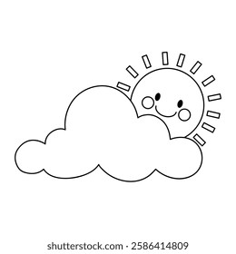 Doodle cloud and happy sun coloring pages worksheets for kids activity printable. Trace and color cloud and sun. Cartoon cute summer sun and cloud clip art. Sunny day. Happy sunny. Happy sunshine.