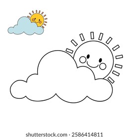 Doodle cloud and happy sun coloring pages worksheets for kids activity printable. Trace and color cloud and sun. Cartoon cute summer sun and cloud clip art. Sunny day. Happy sunny. Happy sunshine.