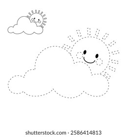 Doodle cloud and happy sun coloring pages worksheets for kids activity printable. Trace and color cloud and sun. Cartoon cute summer sun and cloud clip art. Sunny day. Happy sunny. Happy sunshine.