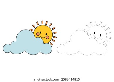 Doodle cloud and happy sun coloring pages worksheets for kids activity printable. Trace and color cloud and sun. Cartoon cute summer sun and cloud clip art. Sunny day. Happy sunny. Happy sunshine.