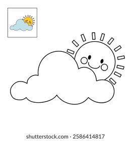 Doodle cloud and happy sun coloring pages worksheets for kids activity printable. Trace and color cloud and sun. Cartoon cute summer sun and cloud clip art. Sunny day. Happy sunny. Happy sunshine.