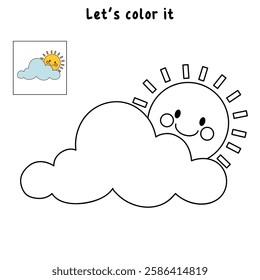 Doodle cloud and happy sun coloring pages worksheets for kids activity printable. Trace and color cloud and sun. Cartoon cute summer sun and cloud clip art. Sunny day. Happy sunny. Happy sunshine.