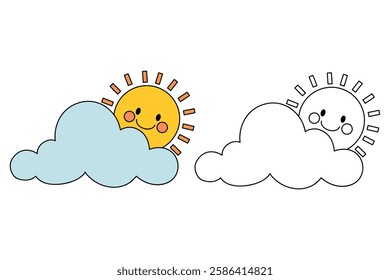 Doodle cloud and happy sun coloring pages worksheets for kids activity printable. Trace and color cloud and sun. Cartoon cute summer sun and cloud clip art. Sunny day. Happy sunny. Happy sunshine.