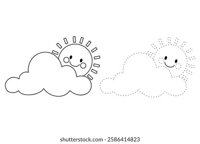 Doodle cloud and happy sun coloring pages worksheets for kids activity printable. Trace and color cloud and sun. Cartoon cute summer sun and cloud clip art. Sunny day. Happy sunny. Happy sunshine.