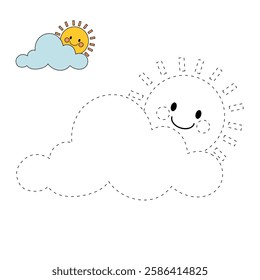 Doodle cloud and happy sun coloring pages worksheets for kids activity printable. Trace and color cloud and sun. Cartoon cute summer sun and cloud clip art. Sunny day. Happy sunny. Happy sunshine.