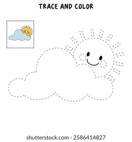 Doodle cloud and happy sun coloring pages worksheets for kids activity printable. Trace and color cloud and sun. Cartoon cute summer sun and cloud clip art. Sunny day. Happy sunny. Happy sunshine.