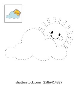 Doodle cloud and happy sun coloring pages worksheets for kids activity printable. Trace and color cloud and sun. Cartoon cute summer sun and cloud clip art. Sunny day. Happy sunny. Happy sunshine.