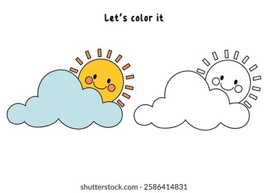 Doodle cloud and happy sun coloring pages worksheets for kids activity printable. Trace and color cloud and sun. Cartoon cute summer sun and cloud clip art. Sunny day. Happy sunny. Happy sunshine.