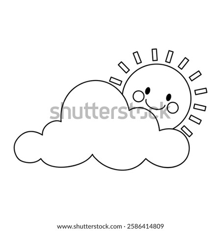 Doodle cloud and happy sun coloring pages worksheets for kids activity printable. Trace and color cloud and sun. Cartoon cute summer sun and cloud clip art. Sunny day. Happy sunny. Happy sunshine.
