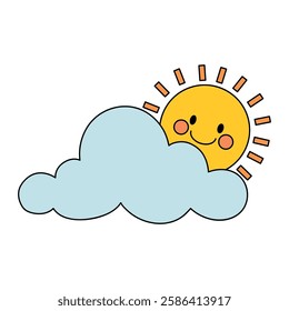 Doodle cloud and happy sun illustration vector. Cartoon cute summer sun and cloud clip art vector. Sunny day. Happy sunny. Happy sunshine. 