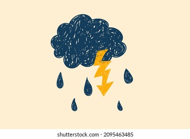 Doodle cloud icon with thunderstorm and rain. Hand drawn childrens illustration